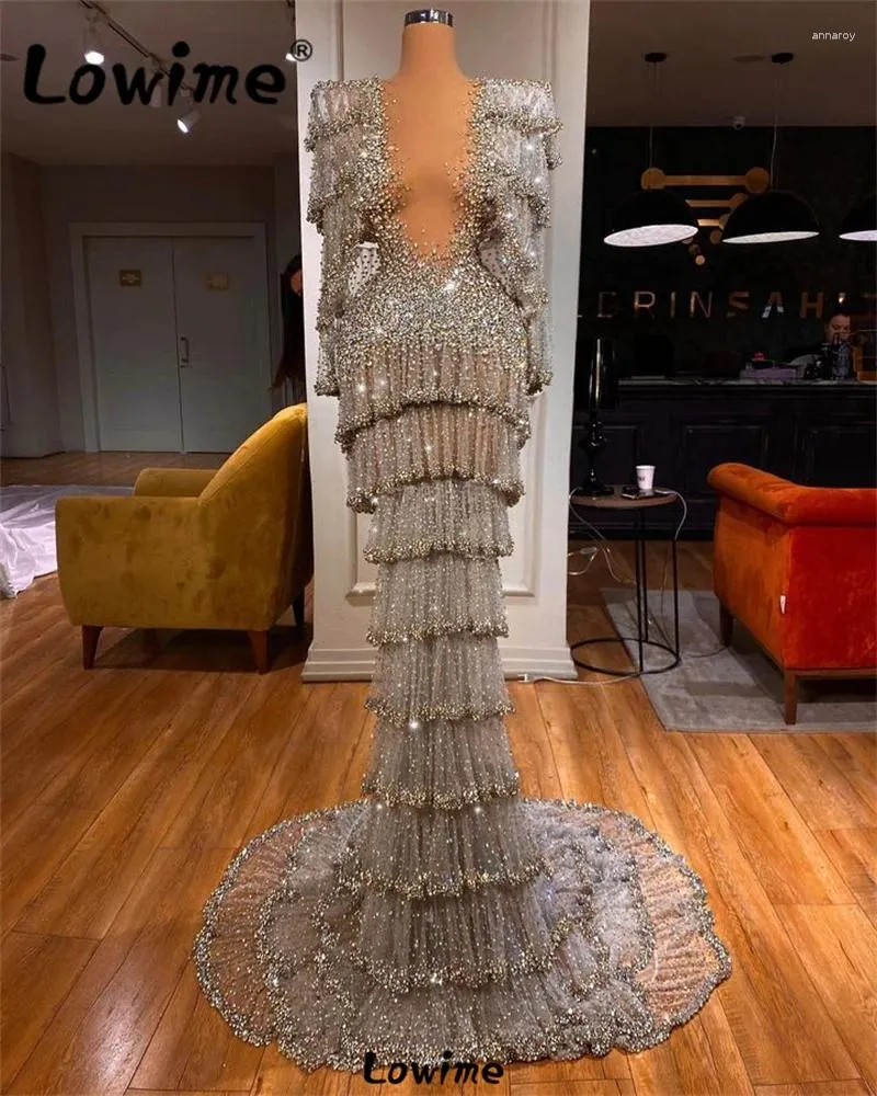 Feestjurken zilveren prom jurk Deep V nek zware kristallen en stenen lange mouwen vrouw beroemdheid 2024 aanpassing jurken gewaad