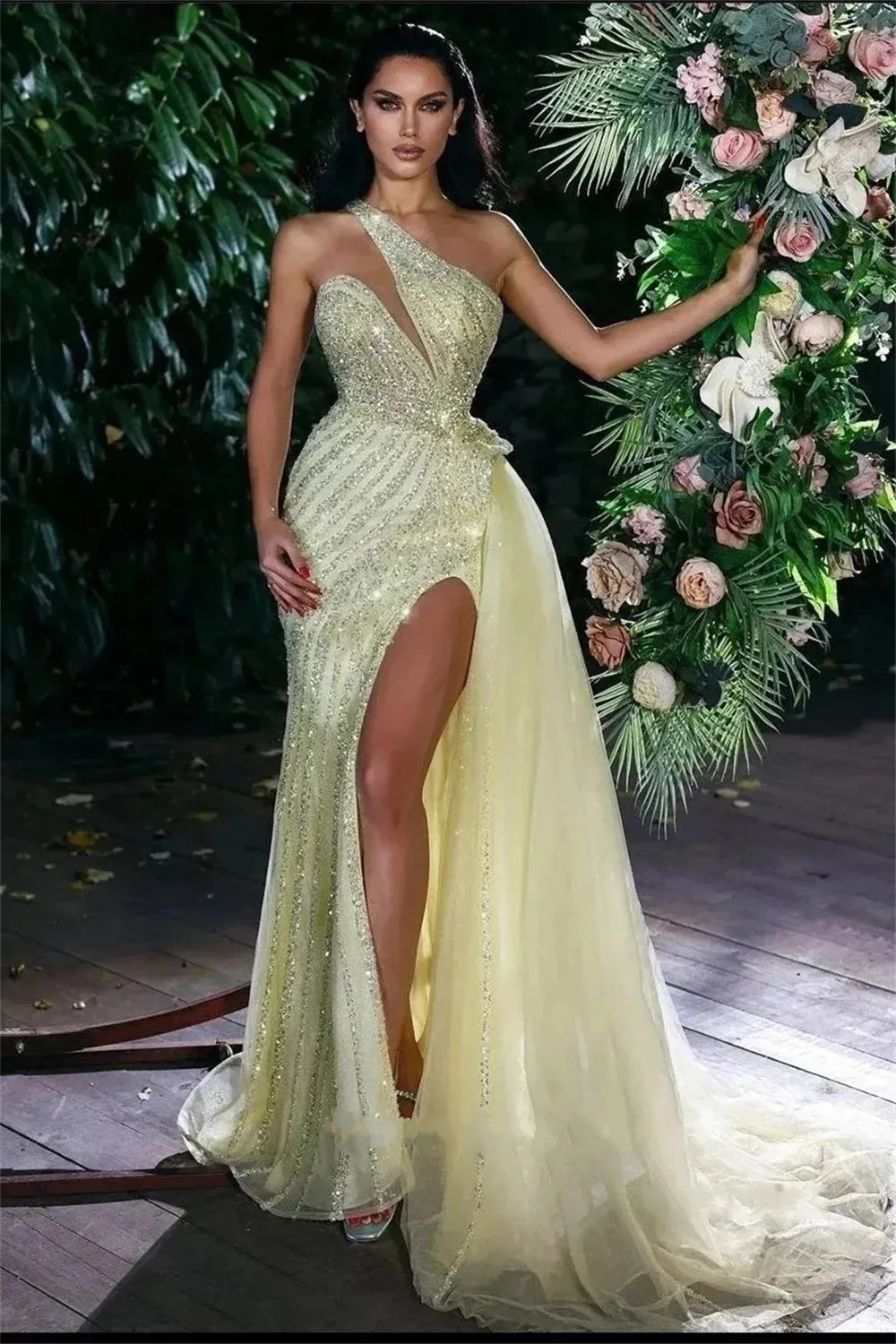 strapless open back dress Elegant Baby Yellow A-line Floral Long Prom Dress, Ball Gown, PD1420 –  SposaBridal main image 0