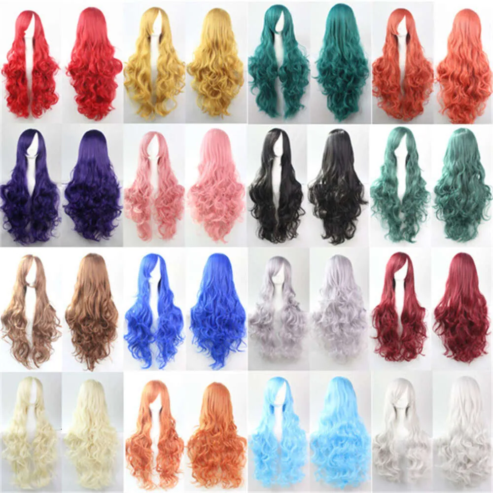 Mänskliga lockiga peruker Kemisk fiber Högtemperatur Silk Långt lockigt hår peruk Banged Womens Full Head Set Universal Cos Wig Large Wave Color