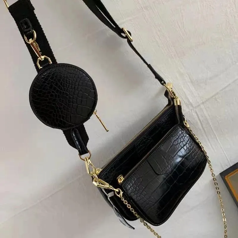 DrawString Alligator Print Women Shoulder Bag Luxury Designer Wide Strap Crossbody Chain Sling Pu Leather Ladies 3 Set Handbag