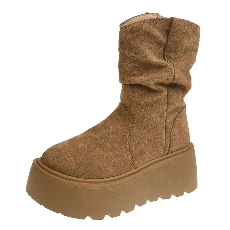 Suede Platform Women Ankle Boots Er Mid Heels Shoes Trend Walking Non Slip Winter Botas De Mujer 241118_voghion.com