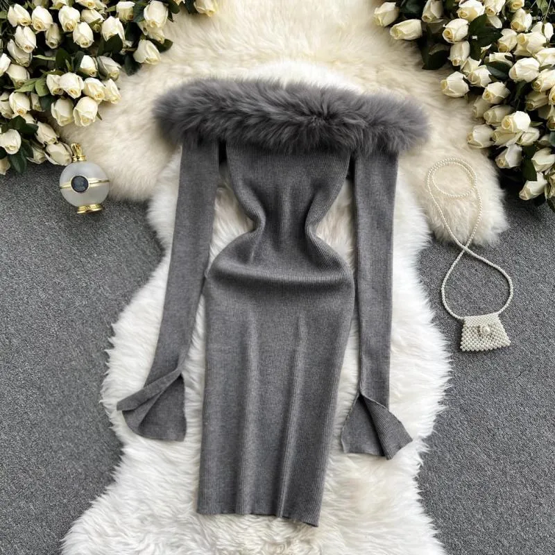 カジュアルドレス女性のドレス秋の冬の冬のスラッシュネック毛皮の毛皮のハイウエストスリムニットベスティドス2024ファッションタイド