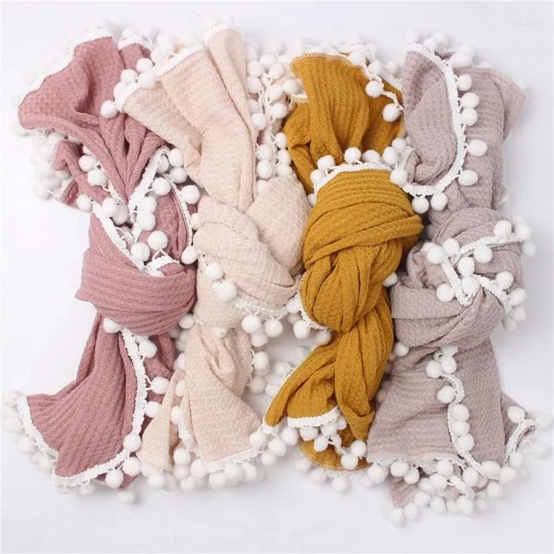 Blankets Baby Soft Cotton Receiving Blanket Waffle Knitting Hairballs Tassel Swaddle Wrap Bath Towel Born Pography Props .Dropship