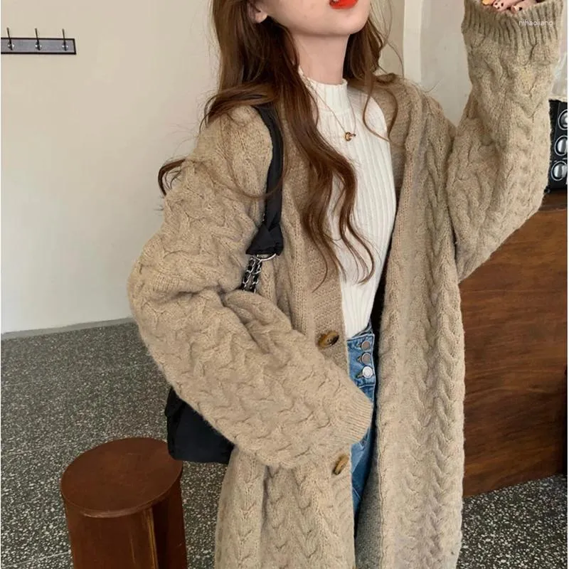 Damesbreien Long Knitted Cardigan Sweater Vrouwen Tops Vintage losse jas vaste eenzuigelijke borsten oversized jumper Casual Koreaanse mode