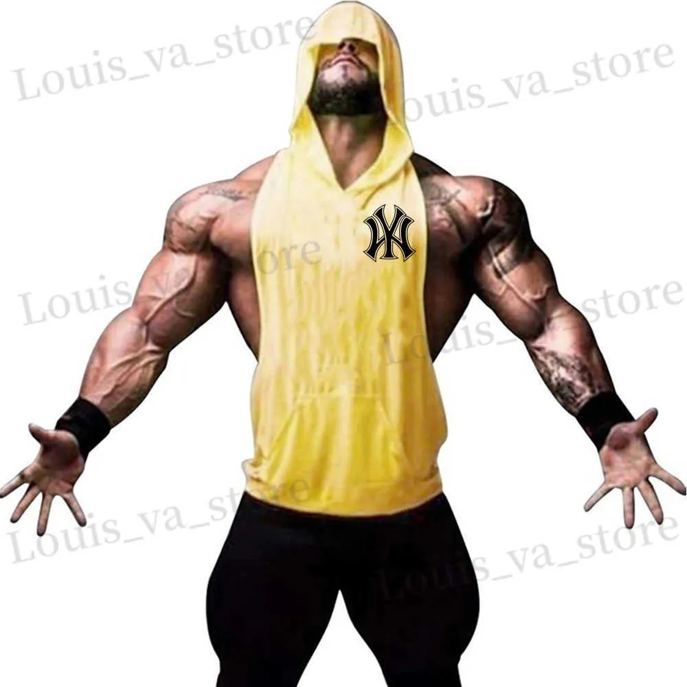 Men's T-Shirts Hooded Workout Gym Tank Top Mens Muscle Slveless Sportswear Shirt Stringer Fashion Clothing Bodybuilding Singlets Vest T240419