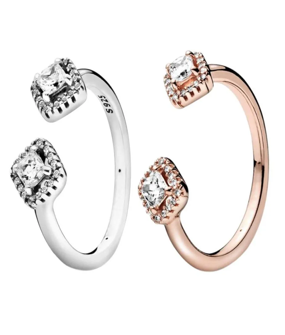 Prawdziwy 925 Srebrny Square Square Sparkle Otwarty Pierścień Rose Gold Women Projektant Wedding Biżuteria Oryginalna pudełko do P CZ Diamond Rin6157880