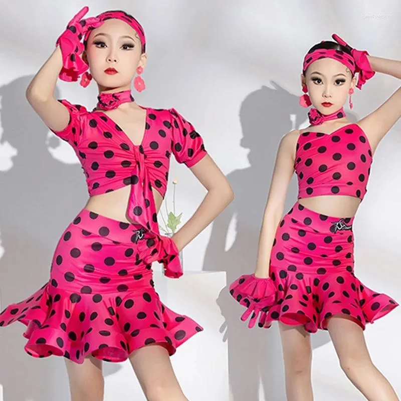 Bühne tragen lateinische Tanzkostüm Girls Rose Pink Dots Anzug Anzug Performance Kleidung Sommer Kinder Übungskleid Kleid BL12609