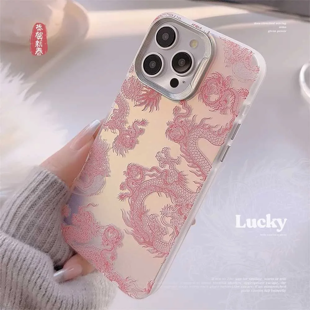 Cell Phone Cases Cartoon Laser Pink Dragon Relif 3D Cute Shockproof Happy New Year Phone Case iPhone 11 12 promax 13 14 15 promax plus Cover J240418