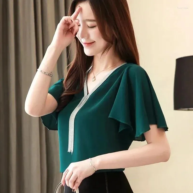 Camicette da donna 2024 Summer Solid Office Office Lady Youthelegant Short Short Women Shirts Tops V-Neck Tops Chiffon Blouse Fashion Clothing 3897
