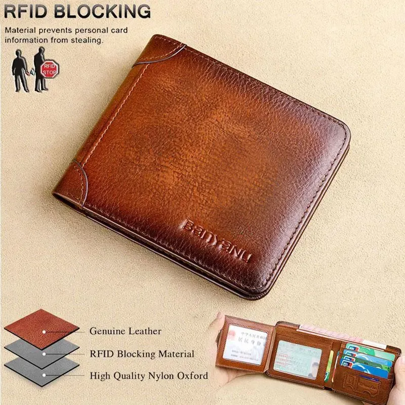 Wallets Men's RFID Blocking Genuine Leather Wallet Bifold Vintage Slim Short Multi Function Large Capacity Cow Skin Purse Money Clip