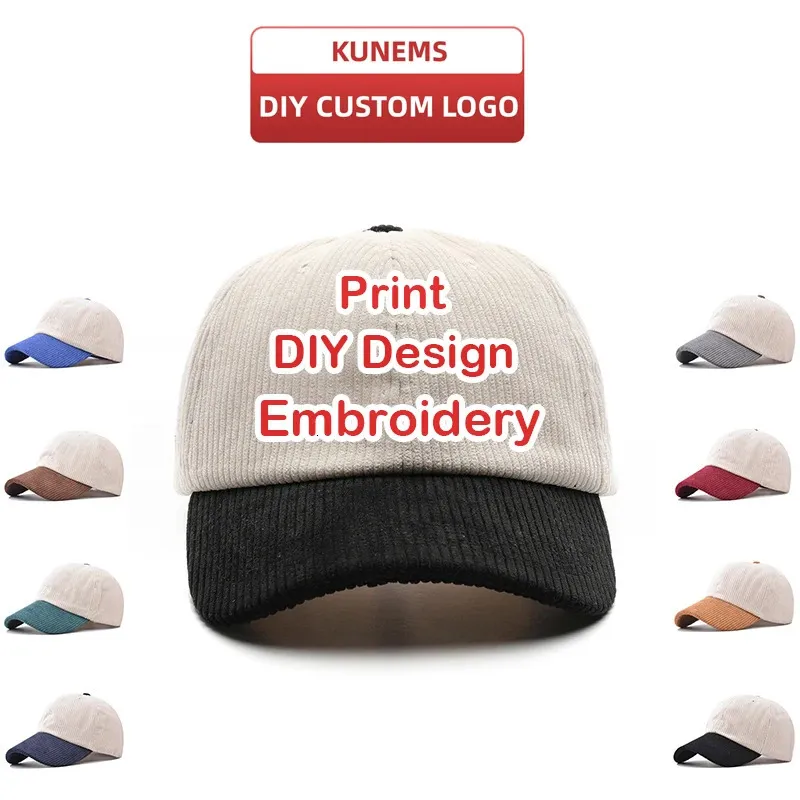 Kunemas DIY Caputão de beisebol personalizado para homens e mulheres outono e inverno Corduroy Patchwork Printy Bordado Hat por atacado unissex 240411