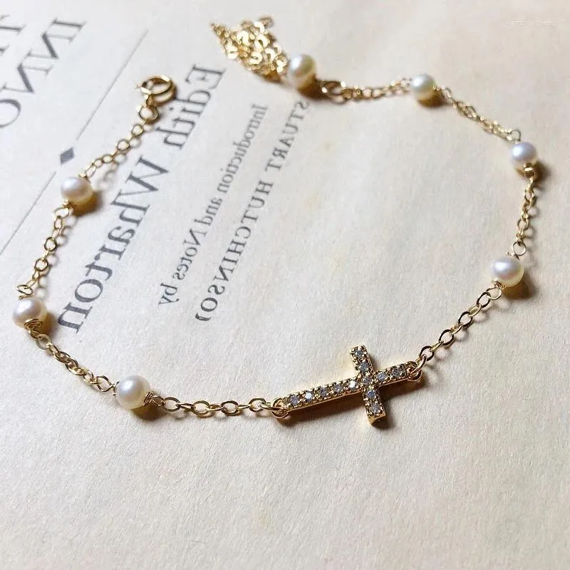 Link armbanden mode 925 sterling zilvergouden vergulde parel armband dames luxe kubieke zirkonia kruis meisjes fijne sieraden