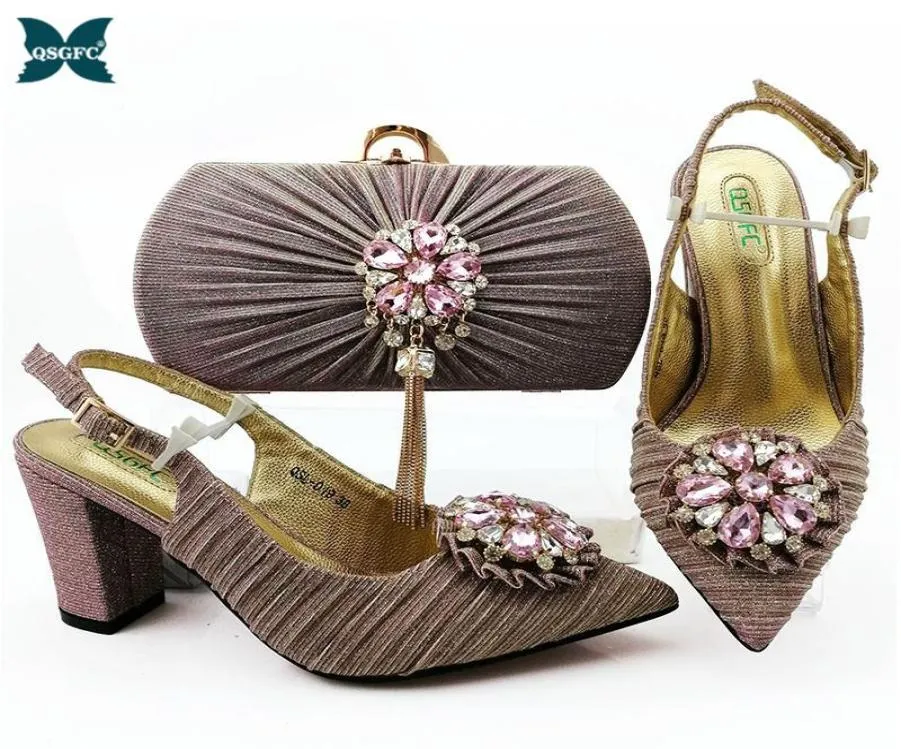 Afrcian Selling Italian Design Nigerian Women Shoes And Bag Set Decorated With Rhinestone In Pink Color For Party Dress8358612