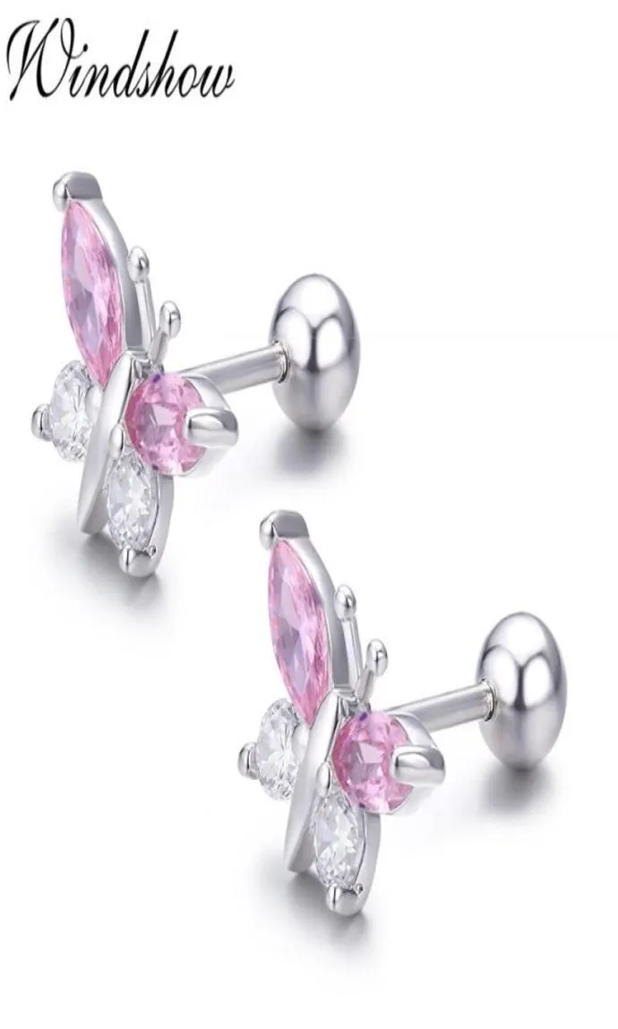 Cute 925 Sterling Silver Butterfly Pink CZ Screw Back Stud Earrings For Women Child Girls Kids Jewellery Orecchini Aros Aretes 2115948941