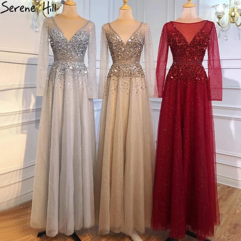 Party Dresses Serene Hill Wine Red A-Line Evening 2024 Dubai Beading Long Hleeves Sexig Formal Dress Design LA70734