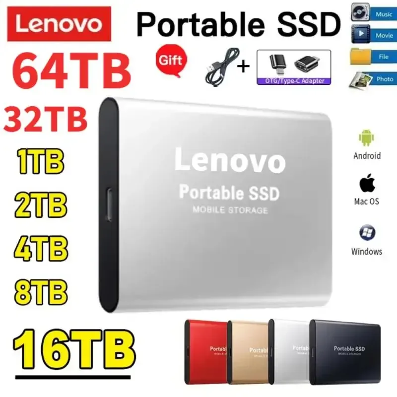 Muhafaza Lenovo Taşınabilir SSD 16TB Yüksek Kapasite USB/TYPEC Arayüzü Yüksek Hızlı Harici Sabit Sürücüler Dizüstü bilgisayar/Masaüstü/Telefon için Sabit Disk