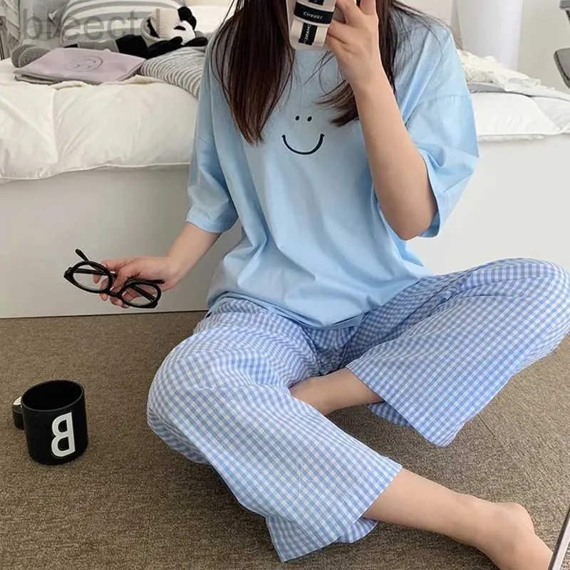 Frauenschlaf Lounge Damen 2-teiliger Pyjamas Homewear Frühlings- und Herbst-Pyjamas Sommer-Pyjamas Frauen Kurzärärmelhosen Freizeit-Homewear-Sets D240419