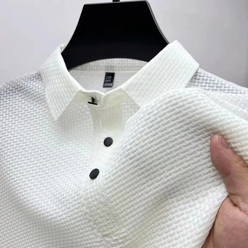 Märke kläder sommarmens lop-up ihålig kortärmad polo skjorta is siden andningsbar affär mode fasta golf t-shirt 240415