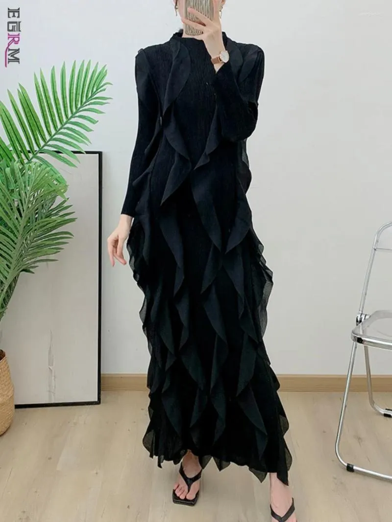 Casual Dresses Egrm Fashion Pleated Maxi Dress Solid O-Neck Full Sleid Slim A-Line For Women 2024 Middle East S 6RG27196