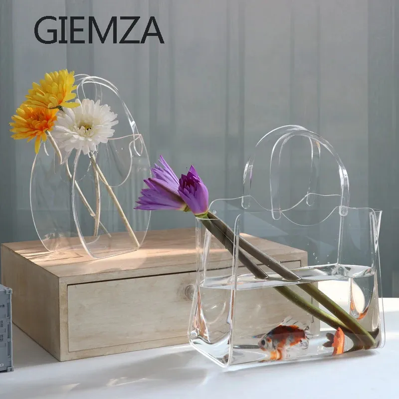 GIEMZA Acrylic Bag Vase Transparent Bags Shopping Basket Desktop Small Fish Tank Flower Pots Fashion Street S Props 240415