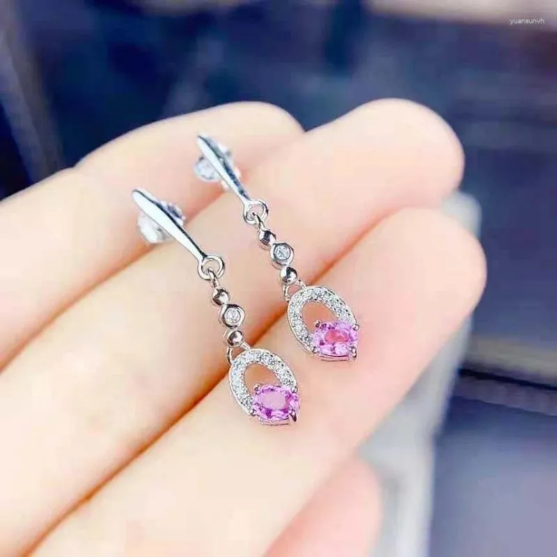 Pendientes colgantes Fine Natural Pink Sapphire Fashion Real S925 Joyas de bodas de plata pura para mujeres Meibapjfs