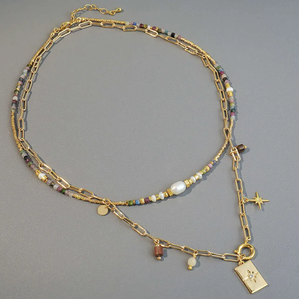 Nicho versátil da primavera novo colar colorido de pedra natural com coloração de bronze preservando a cadeia de colarinho em camadas de anel