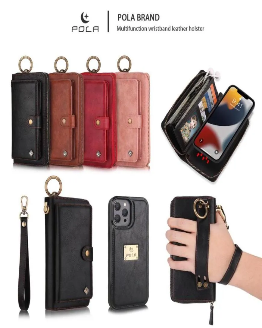 POLA för iPhone 13 12 Mini 11 Pro 7 8 Plus XS Max XR Telefonfall Fashion Multifunktion Zipper Business Leather Magnetic Wallet SPLI3018650