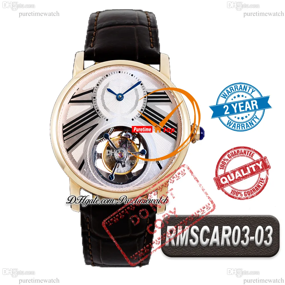 Rotonde Flying Tourbillon اليد الميكانيكية متعرجة رجالي مشاهدة RMSF Rose Gold Silver Black Roman Dial Brown Leather Strap Super Edition Reloj Hombre Phetime Ptcar