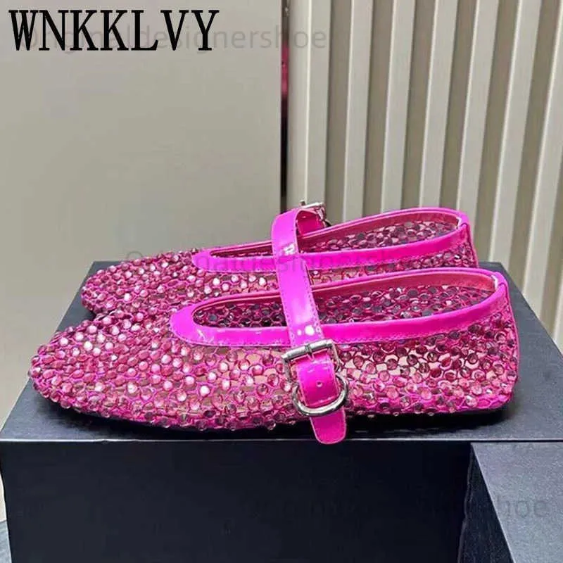 Casual Shoes Spring Summer Shiny Rhinestone Decor Flat Shoes Women Round Toe Air Mesh Loafer Belt Buckle Ballet Shoes Comfort Casual Shoes T240419