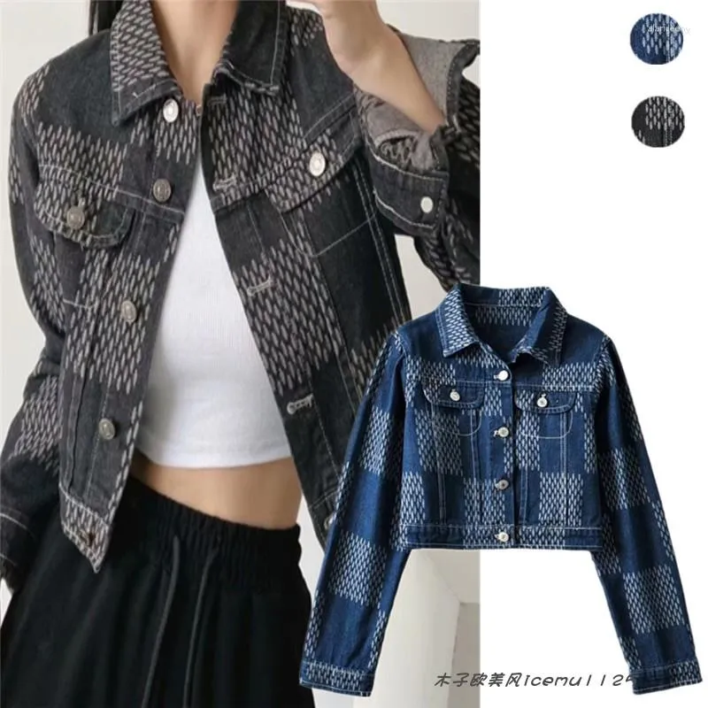 Jackets femininos Moda insera Black Flower xadrez Plaid Denim Coat Autumn High Slimming Slimming Matching Long Slave Jacket Top