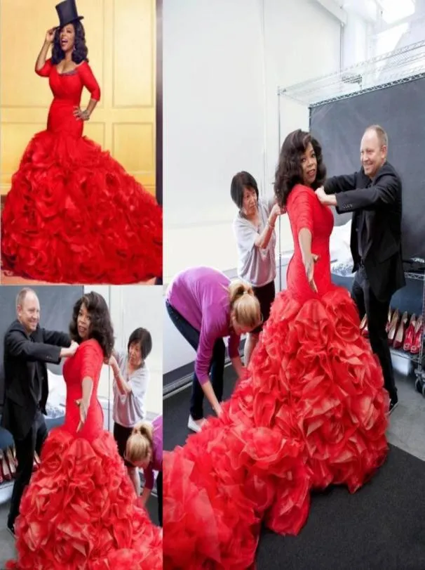 2019 Kırmızı Uzun Kollu Flounping Ruffles Etek Denizkızı Prom Elbiseleri Muhteşem Afrika Gizli Elbise Resmi Performans Outfit4368751