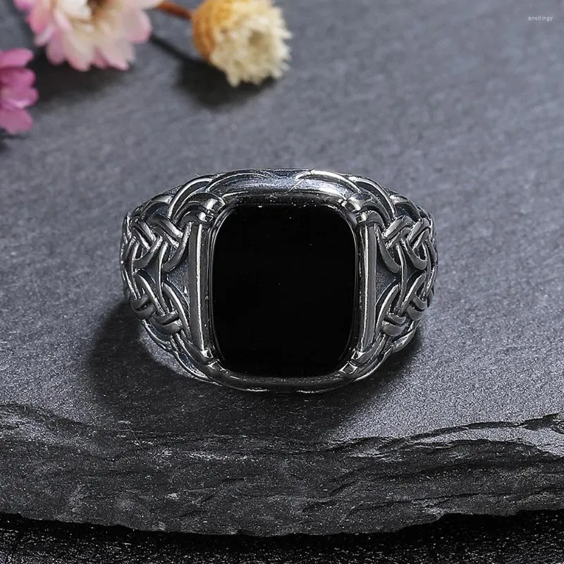 Anillos de racimo 925 Anillo de joyería de plata esterlina Natural 10 12 mm Big Black Agate Stone Vintage para mujeres Regalos de fiesta