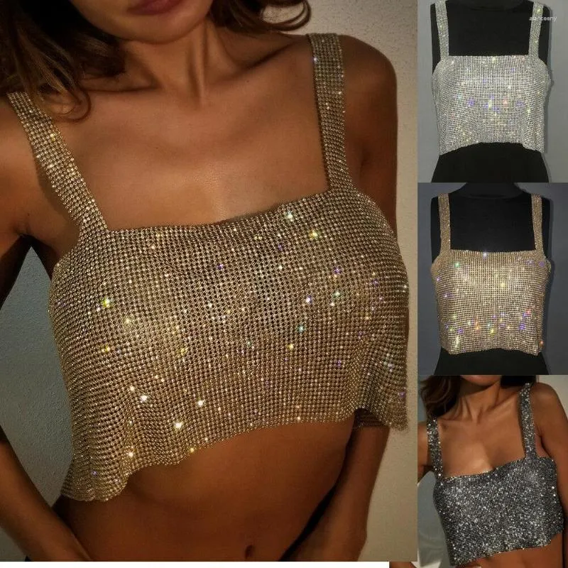 T-shirts pour femmes cristal argent en or métal à lande backless paillettes brillantes sans dossier