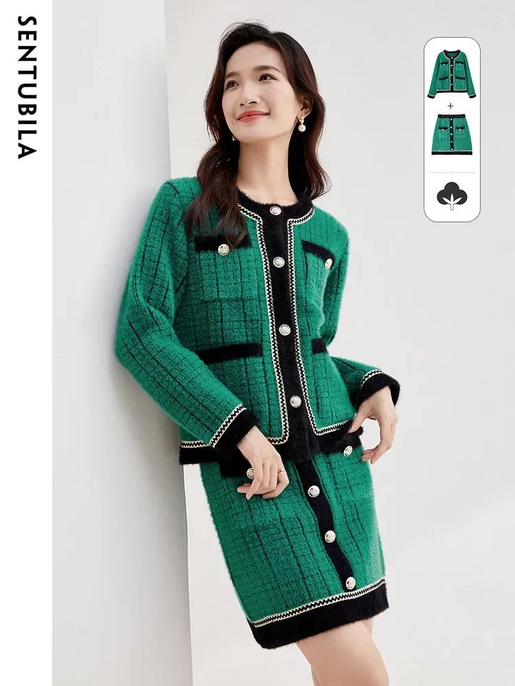 Рабочие платья Sentubila Spring Fashion Tweed Sets O-образной куртки с длинным рукавом A-Line Mini Subir