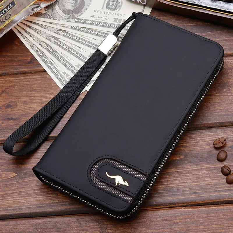 Wallets High Quality Men's Leather Wallet Zipper Long Purse Big Capacity Clutch Phone Bag Wrist Strap Coin Purse Card Holder For Male