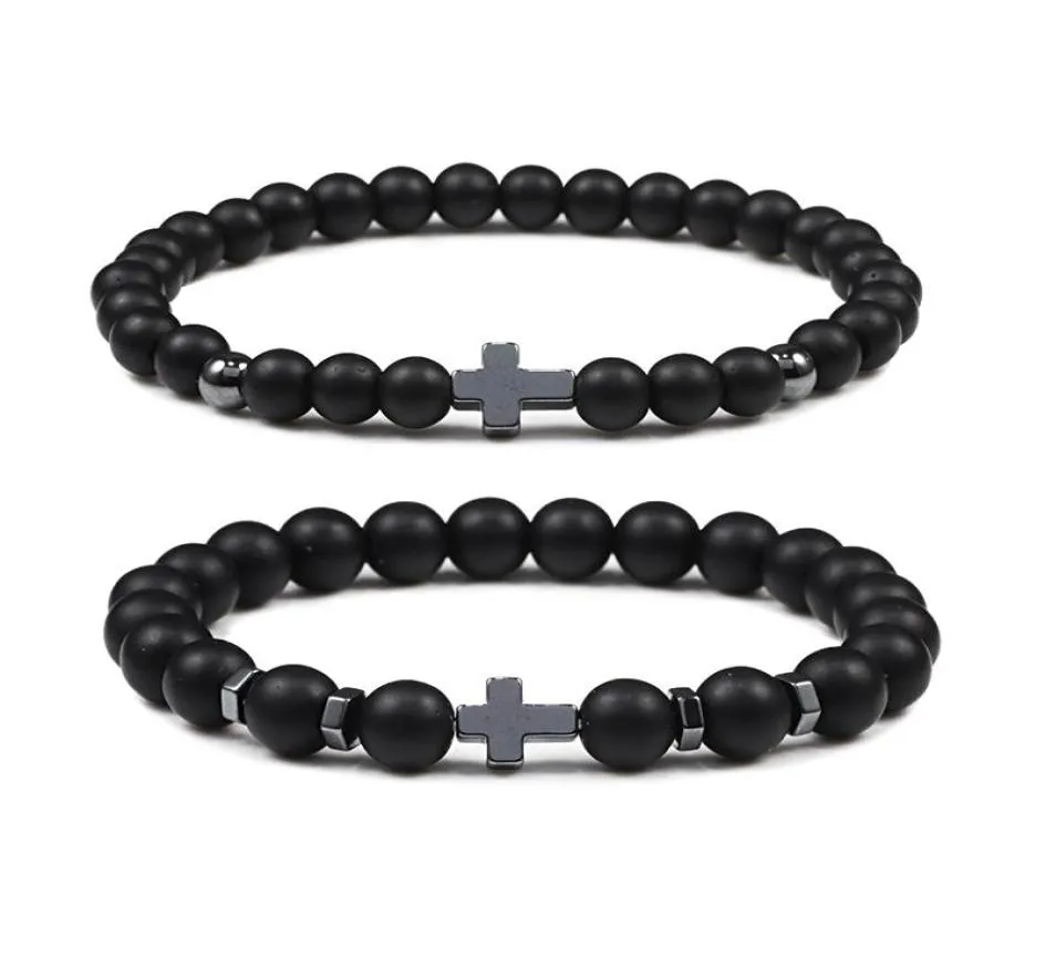 Brins de perles 8 mm prières Bracelet Naturel Lava Stone Perles Méditation Hématite Jésus Bracelets minces Bangles Femmes Bijoux GiftsBe2193251