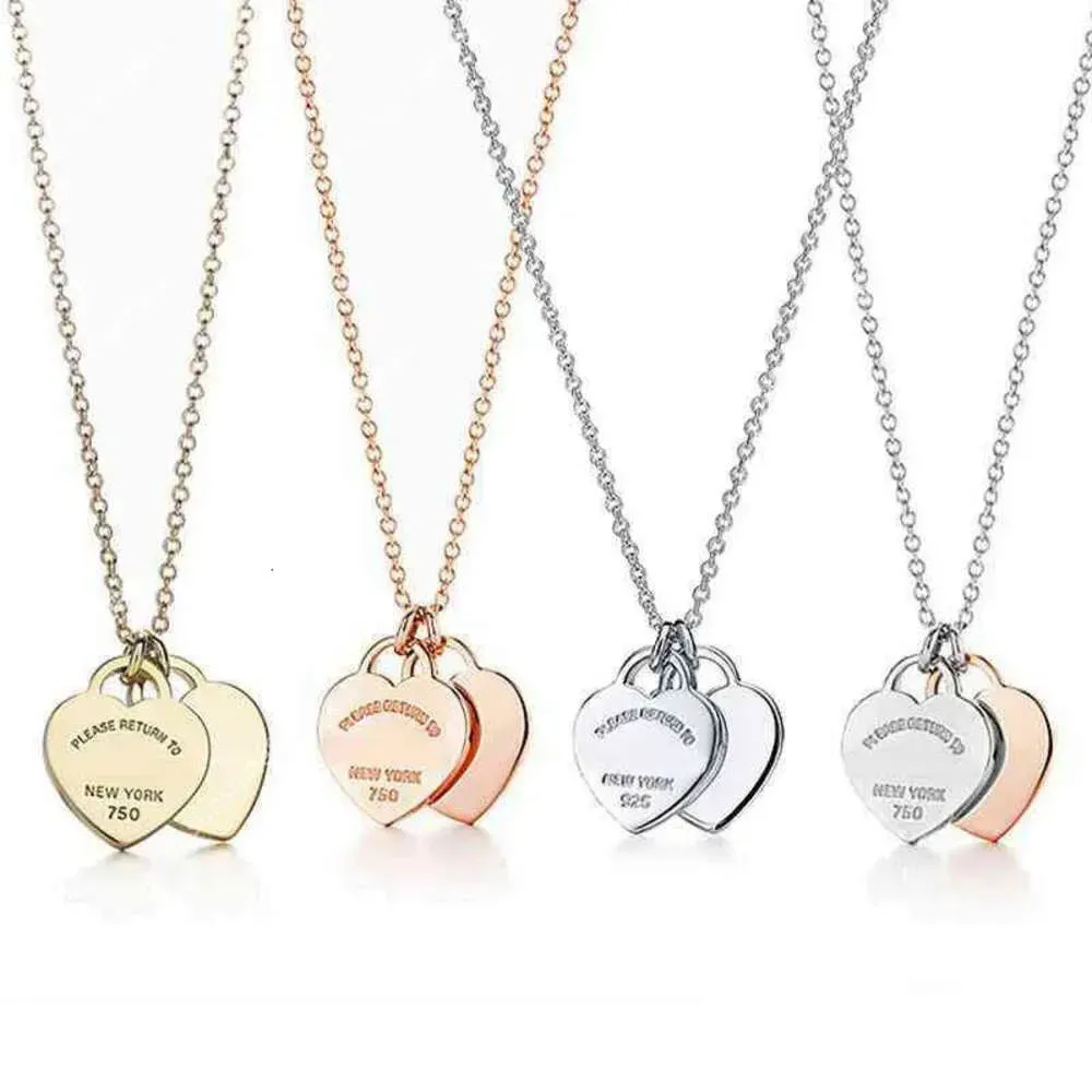Luxur Designer Classic Silver Necklace Double Heart Pendant Necklace Man Women Party Wedding Jewelry High Quality