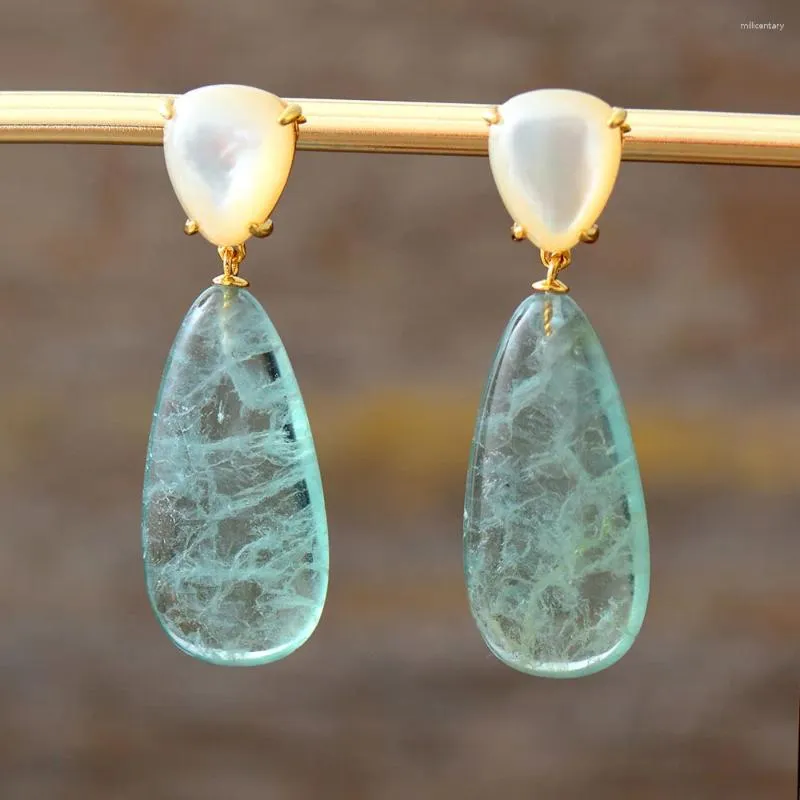 Dangle Earrings最新のトレンディな女性Teardrop Green Fluolite Shell Stud Luxury Ol Natural Stones Jewellery Accessories