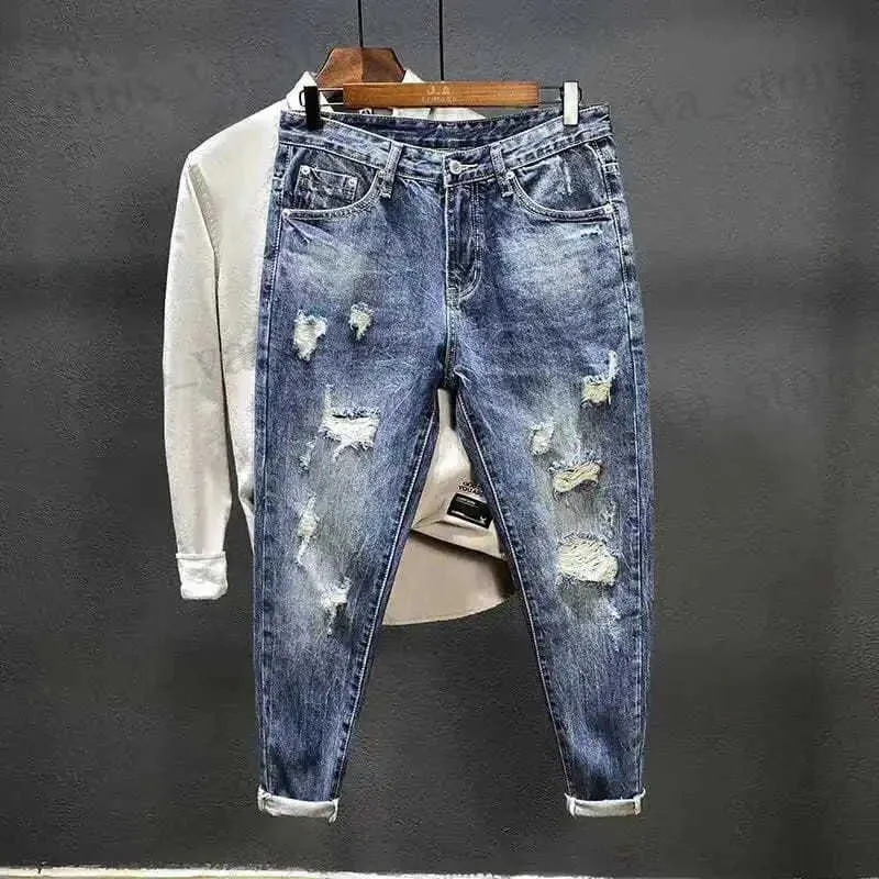 Jeans masculin pantalon cowboy pour hommes déchirés avec des trous brisés déchirés pantalons graphiques esthétique harajuku classique buggy xs jeans pour hommes T240419