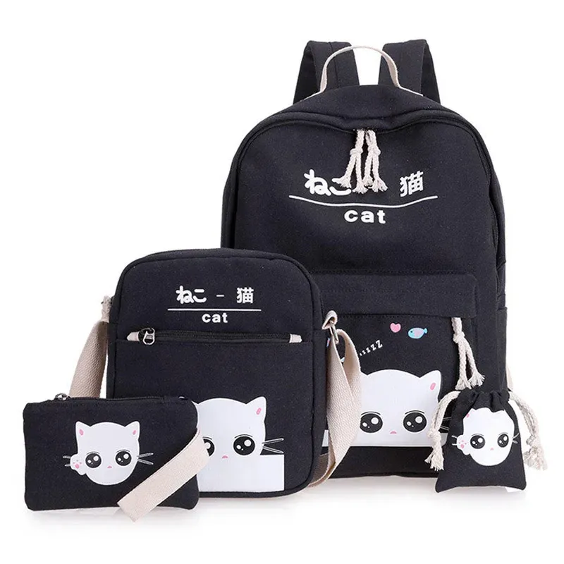 Väskor 3 Set Canvas School Bags Cartoon Cat School Ryggsäckar Skolväska för tjej tonåringar barn skolväska studentpåse axelväska