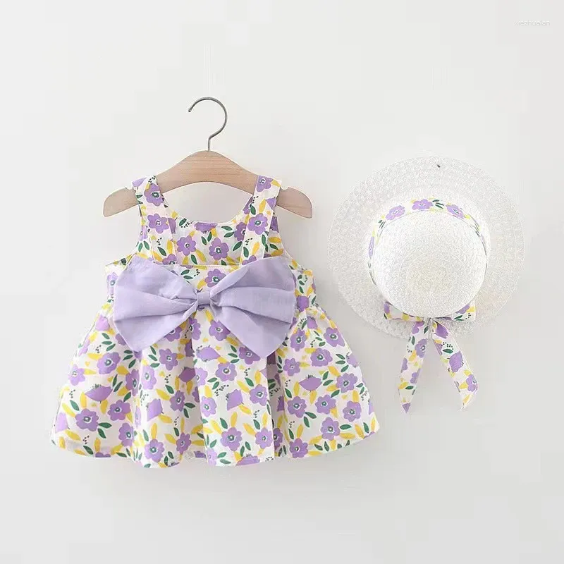 Девушка платья 2pcs sets Летнее малыш соломенная шляпа одежда пляж цветы милый лук рукавиц