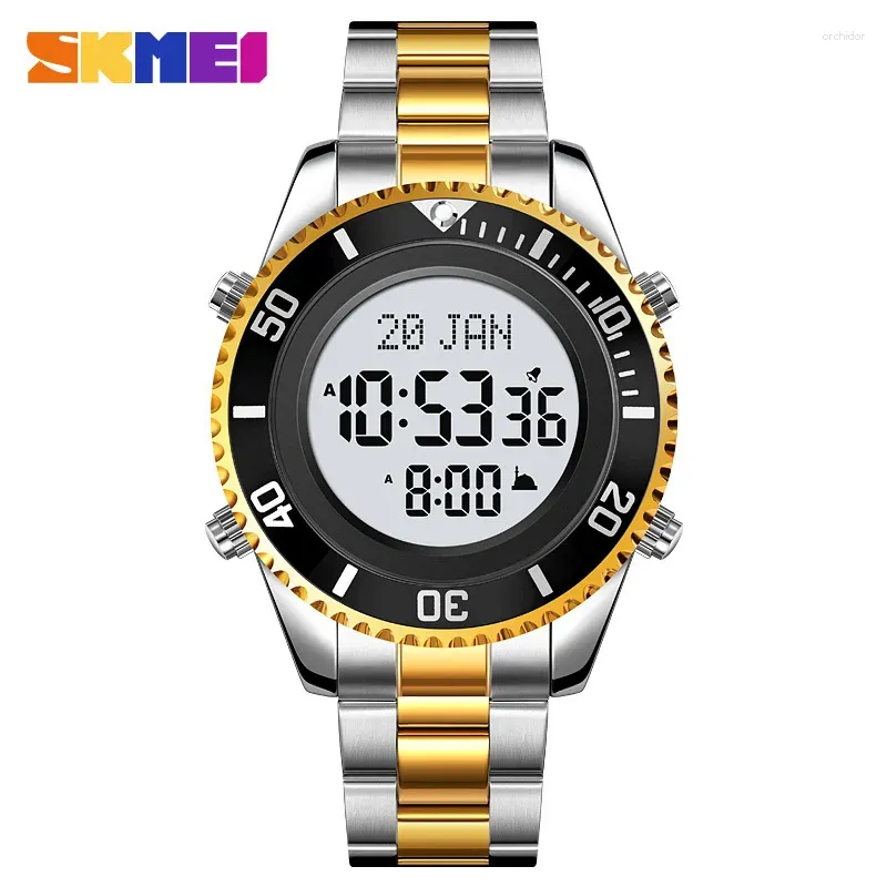 Wristwatches SKMEI 2141 Men Digital Watches Muslim Azan Prayer Compass Adhan Alarm Hijri Islamic Wristwatch Waterproof Stainless Steel Clock