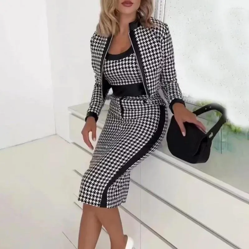 DHgate Womens 3 Piece Vest Coat Skirt Suit Set High Waist Herringbone Print Slim Fit Elegant OL Commute Style Lady Top Jacket Set Apparel