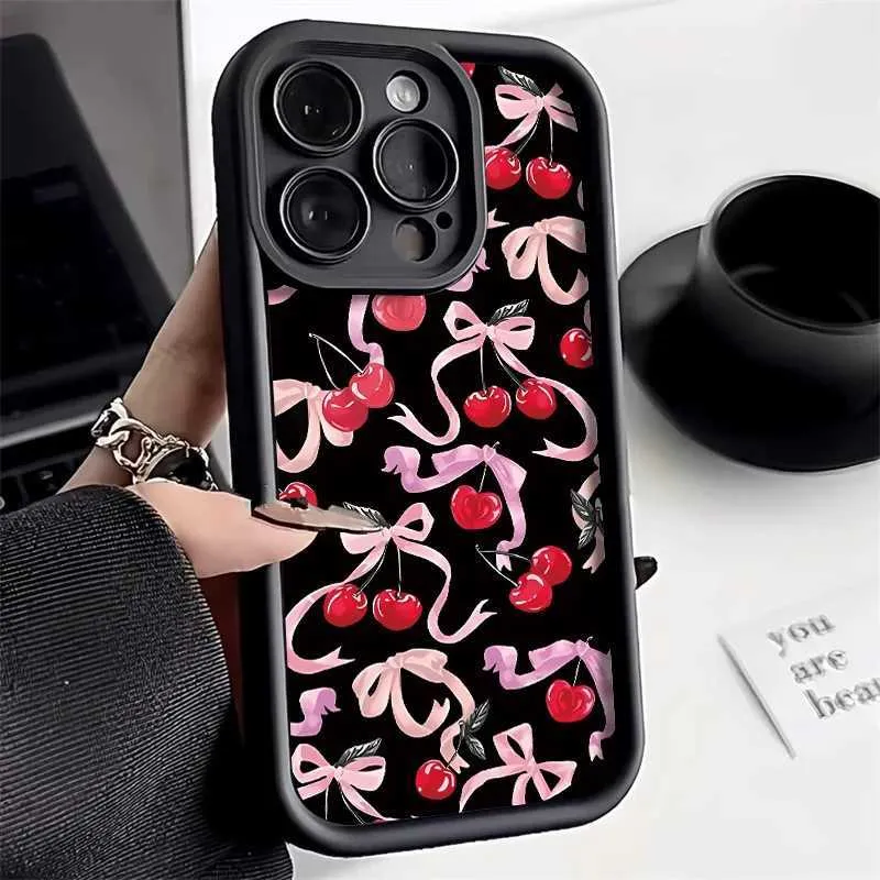 Mobiltelefonfodral klippt telefonfodral för iPhone 15 Pro Max Case iPhone 11 12 13 14 Pro Max XS X XR 7 8 Plus SE SE Mjuk stötbeständig Bow Cherry Cover J240418