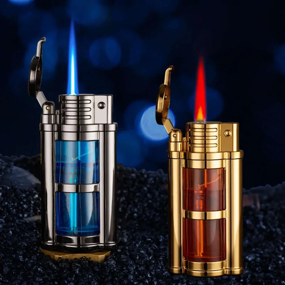 Metal Straight Punch Flame Windproof Butane Without Gas Lighter Transparent Color Visible Without Gas Window Turbo Torch Portable Cigar Lighter