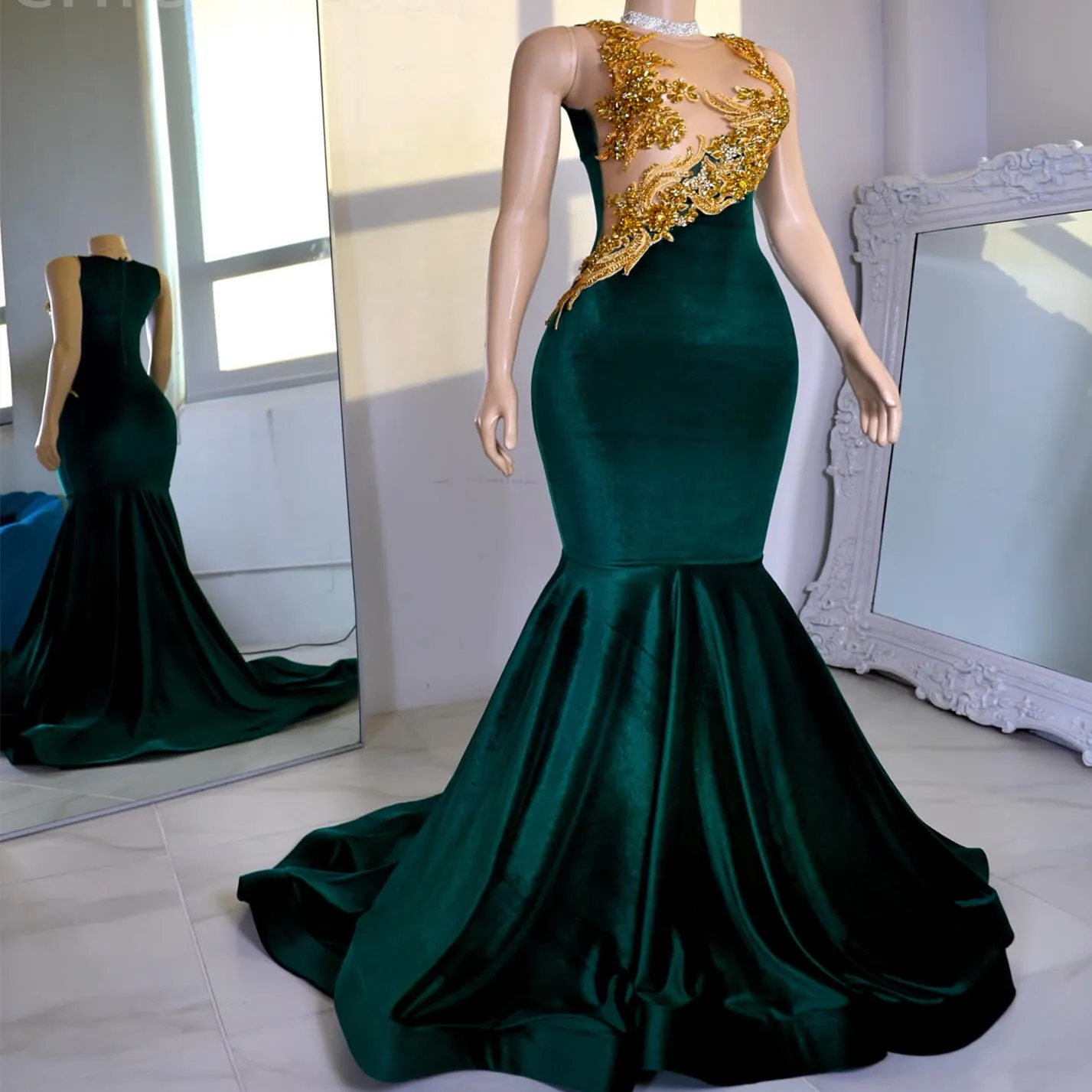 2024 ASO EBI DARK GREEN MERMAID PROMドレスビーズクリスタルベルベットイブニングパーティーセカンドレセプション誕生日婚約ガウンドレスローブde Soiree ZJ404