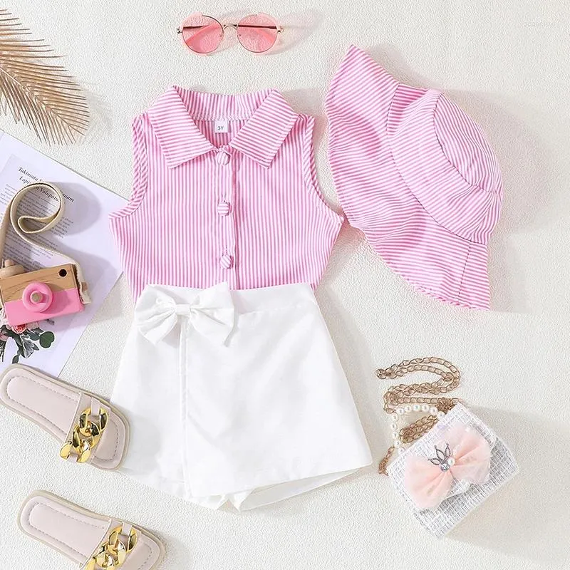 Clothing Sets 2-8Y Kids Girls Summer 3Pcs Striped Sleeveless Lapel Vest Shirts Bowknot Shorts Skirts Sun Hat Children Clothes