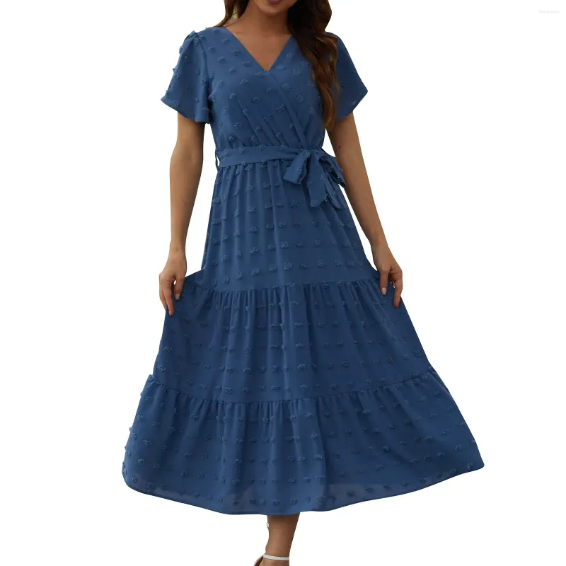 Bohemian Polka Dot A-Line dress for Women - Casual, Formal, and Fashionable with Wrap V-Neck, Short Sleeves, Solid Color Tie, Layered Fabric, or Flowy Bohemian Polka Dot A-Line dress for Women - Casual, Formal, and Fashionable with Wrap V-Neck, Short Sleeves, Solid Color Tie, Layered Fabric, or Flowy