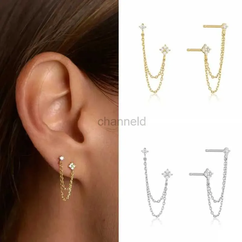 Other New Trendy Gold Color Two Pierced Earrings Sparkling Zircon Chain Drop Stud Earring for Women Temperament Daily Accessories Gift 240419