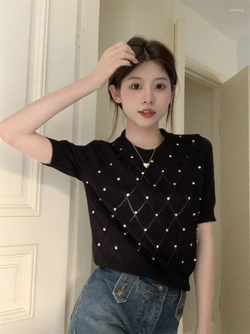 Women's T Shirts Chic Fashion Short-sleeved Sweater With Drill Beading Crystal Knitted Shirt Y2k Top Crop Harajuku Kpop Gothic